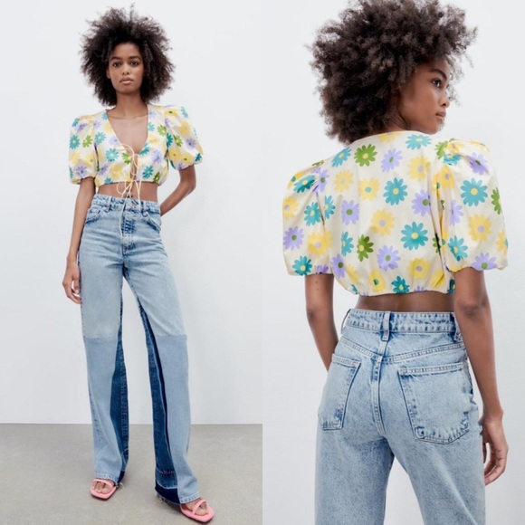 ZARA Wide Leg High Waist jeans With cutwork Embroidery -Mid Blue